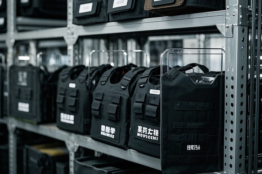 警用防暴盾、破拆工具存放在金屬貨架上，RFID標簽...