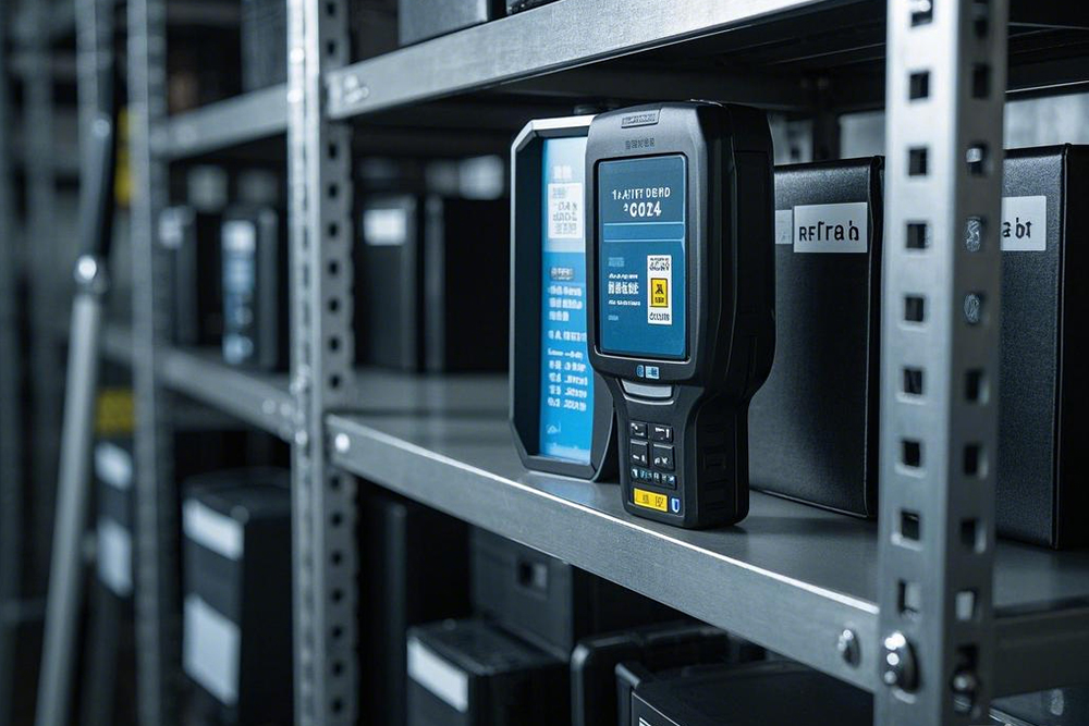 警用裝備（如防暴盾、警棍）存放在金屬貨架上，RFI...